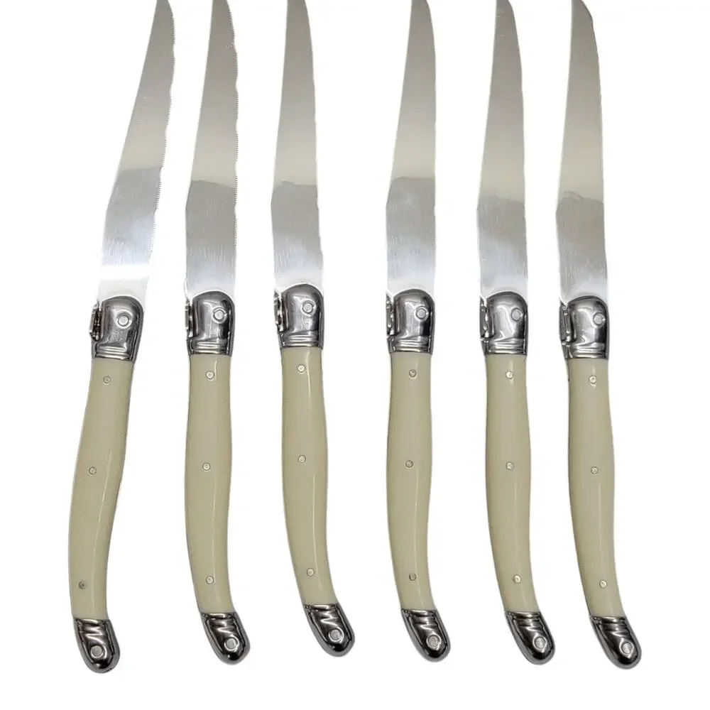 Laguiole Jean Dubost France Steak Knives Set of 6 Ivory Cream Handles Wood Block